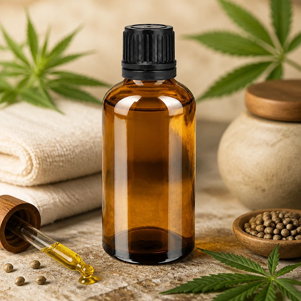 Butelka z kroplomierzem o pojemności 50 ml wykonana z brązowego szkła z czarną zakrętką do aromaterapii i kosmetyków naturalnych