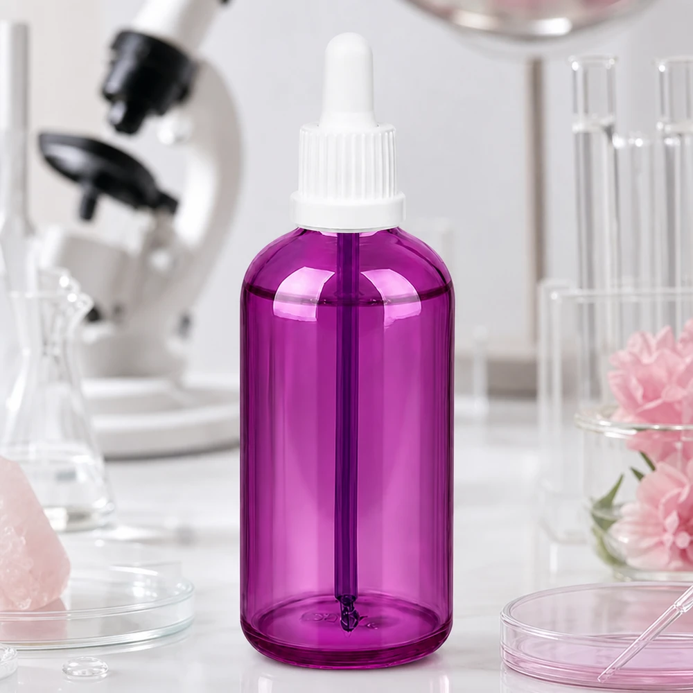 Butelka z pipetą 100 ml biała zakrętka Originality PurpleLine UT18/100 Przezroczysta fioletowa butelka z zakraplaczem 100 ml z białą nakrętką do precyzyjnego dozowania płynów