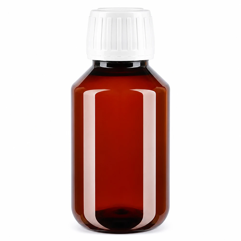 Brązowa butelka PET o pojemności 100 ml z białym zamknięciem zabezpieczającym przed otwarciem, przeznaczona do płynów