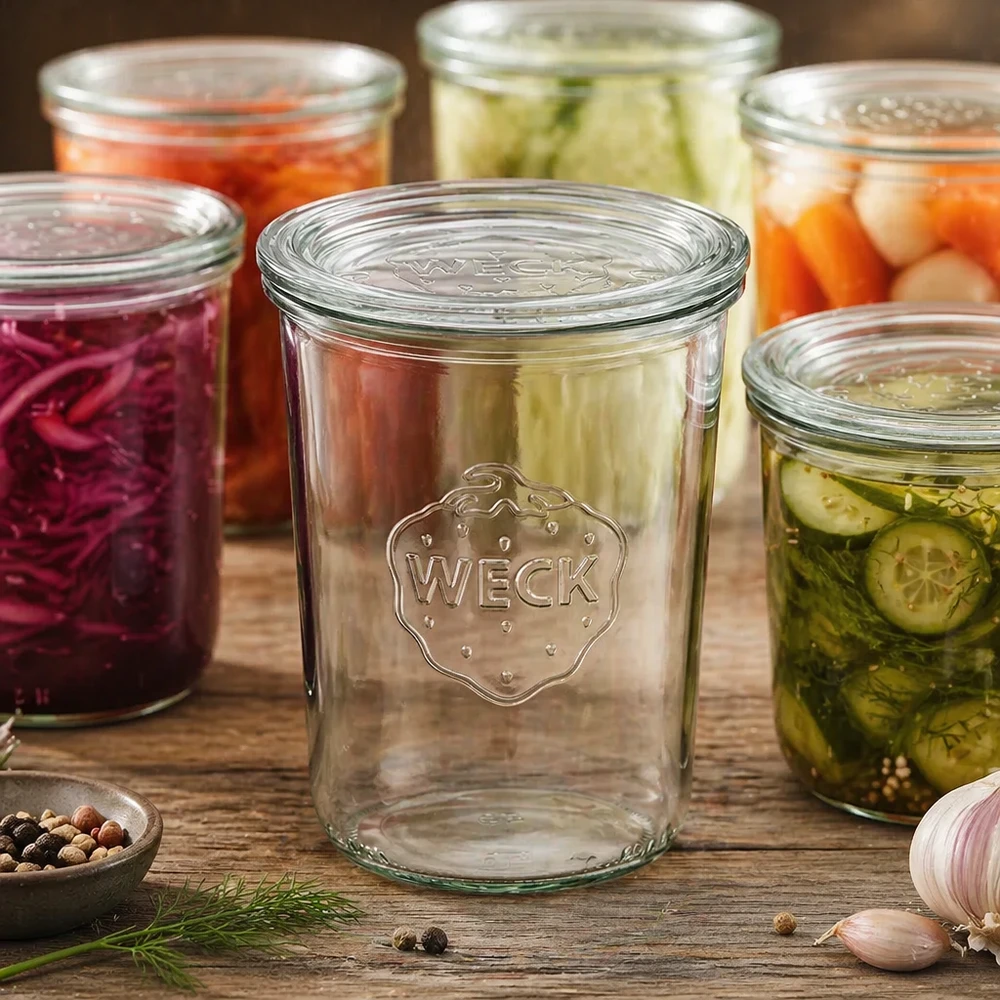 Słoik o pojemności 850 ml z szklaną pokrywką WECK RR100 WECK Sturzglas 850ml RR100 mit eingelegtem Gemüse und Gewürzen zeigt Einmachen und Fermentieren im Haushalt