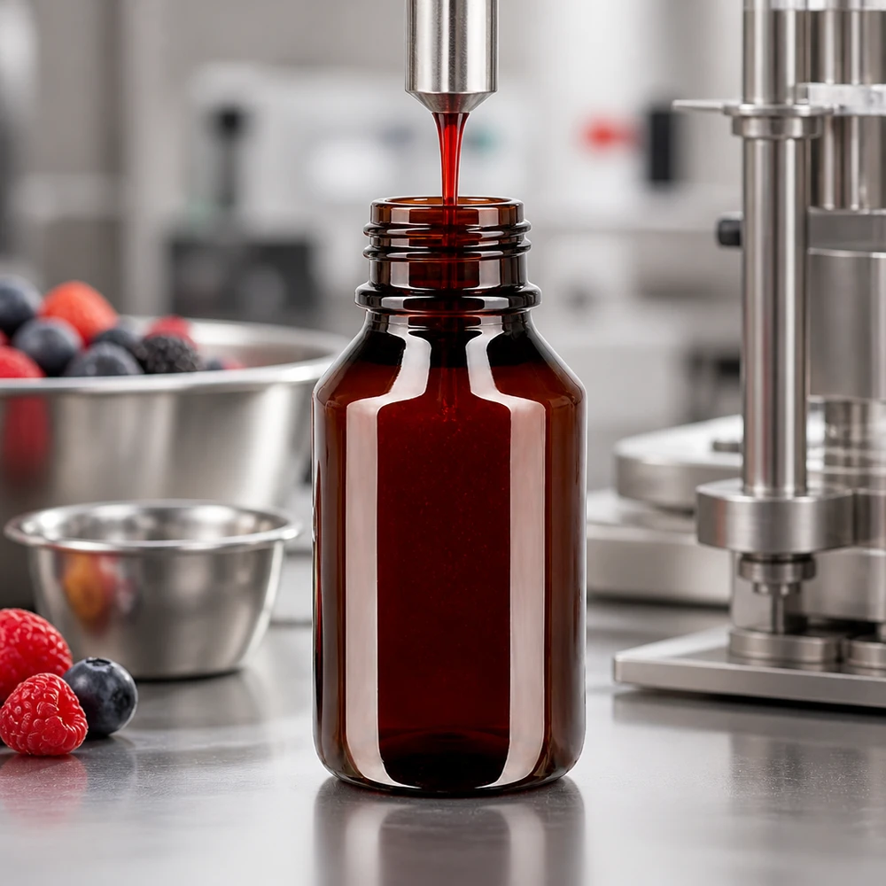 Proces napełniania brązowej butelki PET o pojemności 50 ml z czerwonym zamknięciem w produkcji farmaceutycznej