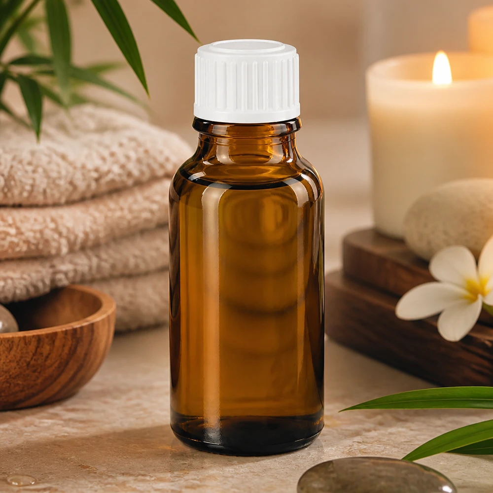 Brązowa szklana buteleczka apteczna o pojemności 20 ml z białą nakrętką, stojąca na marmurze obok świecy i plumeria