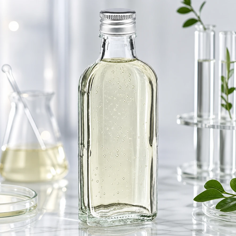 Mała butelka Meplat o pojemności 100 ml, wykonana z przezroczystego szkła, z srebrnym aluminiowym zakrętkiem PP22 i pęcherzykami powietrza