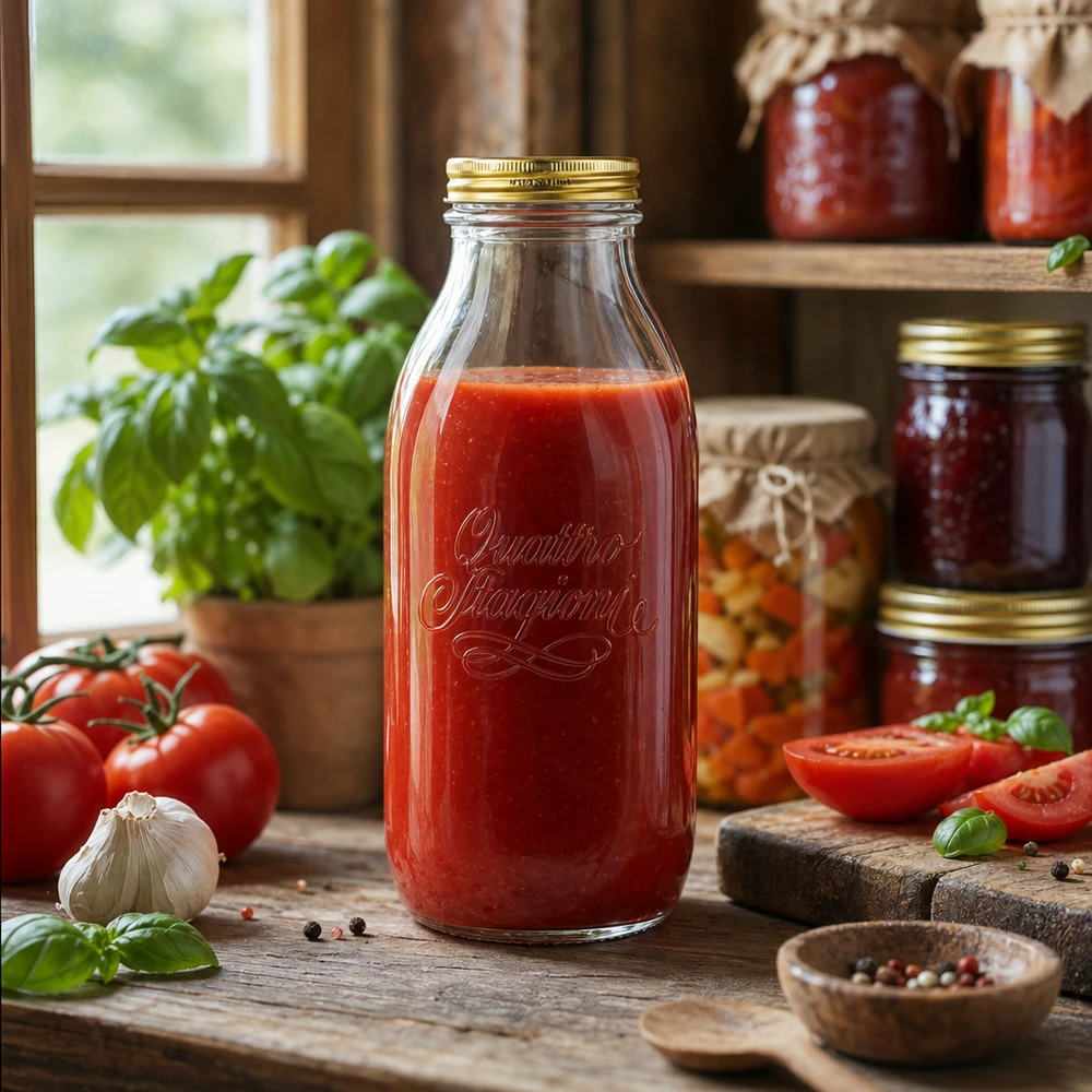 Szklana butelka Quattro Stagioni 1000 ml wypełniona sosem pomidorowym w stylu rustykalnym ze świeżymi pomidorami i ziołami