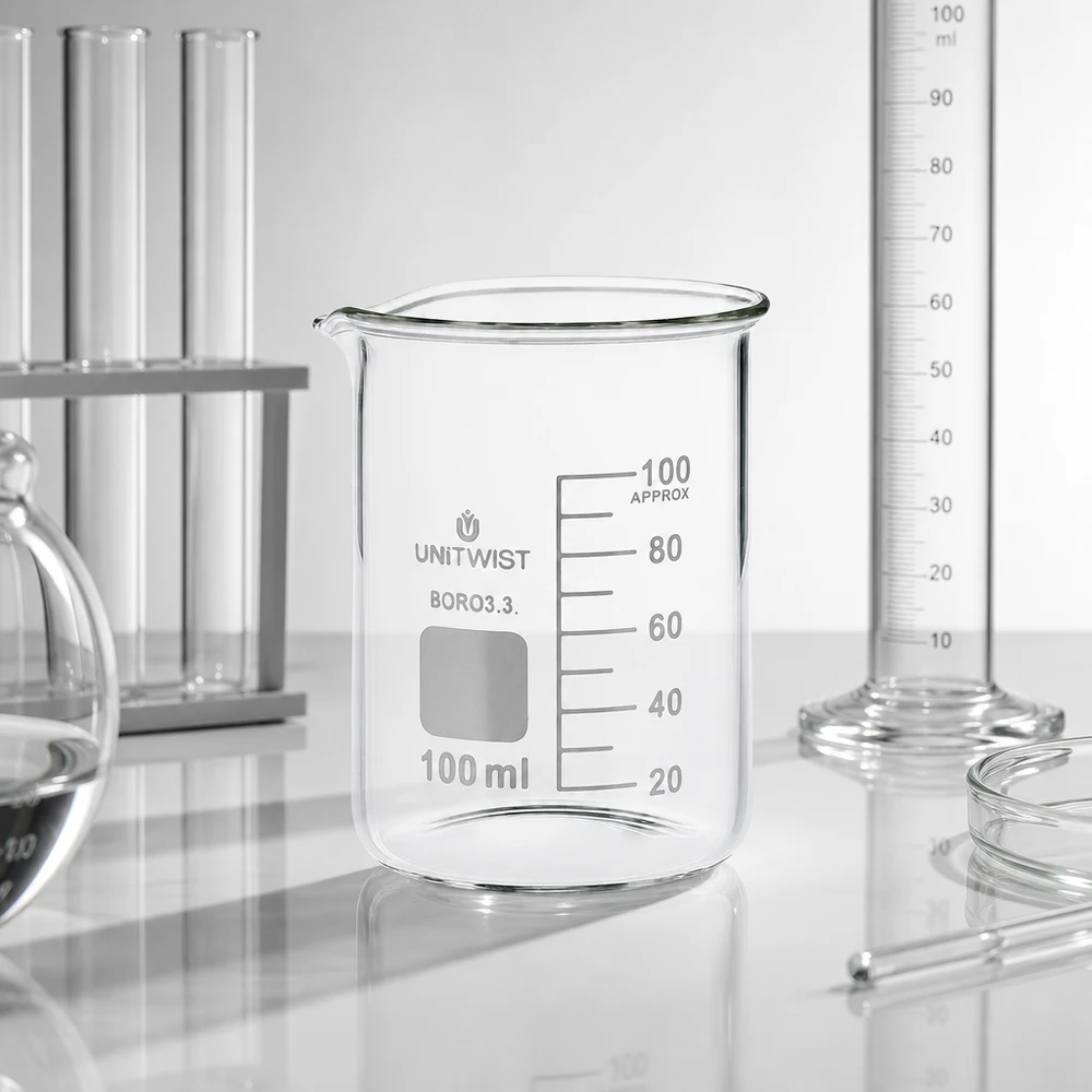 Zlewka 100 ml borokrzemianowa, niski kształt UNiTWIST Pusta zlewka o pojemności 100 ml, wykonana ze szkła borokrzemowego klasy 3.3, o niskim profilu, z podziałką mililitrową, przeznaczona do użytku laboratoryjnego