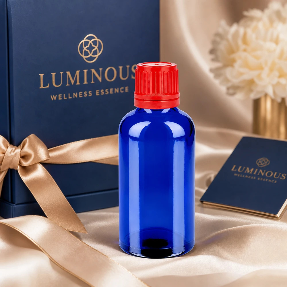 Butelka 50 ml 11 mm SV czerwony OV BlueLine UT18/50 Butelka z zakraplaczem 50 ml niebieska z czerwoną nakrętką SV 11 mm OV BlueLine UT18/50 do esencji wellness