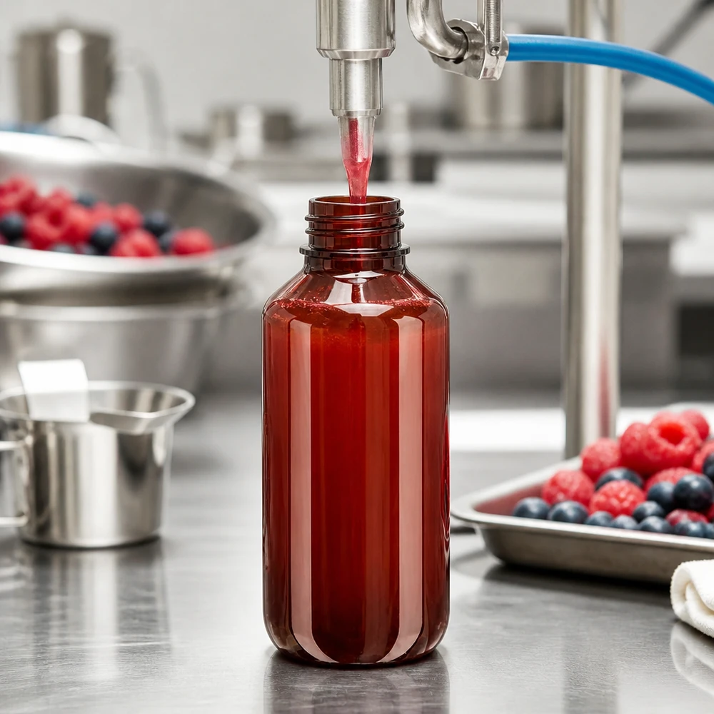 Robuste 200ml PET Flasche mit weitem Schraubhals bei professioneller Lebensmittelproduktion