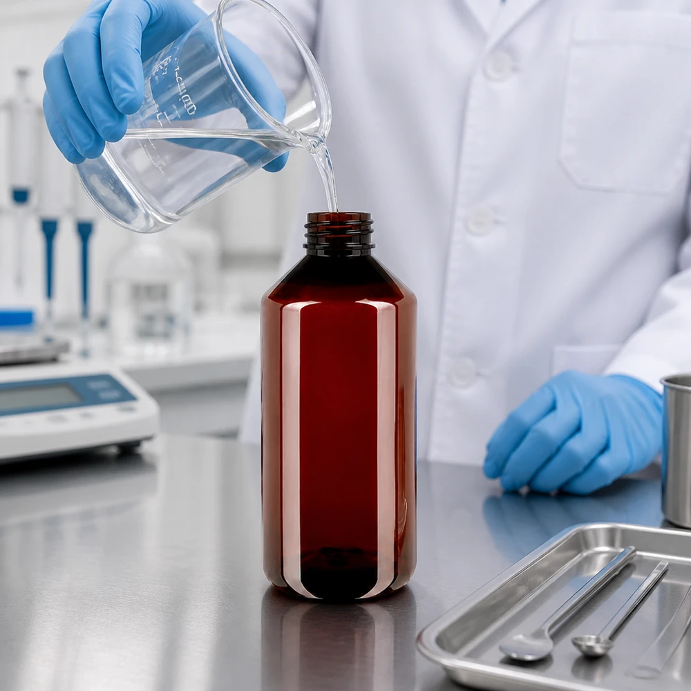 Butelka PET 1000 ml z białą nakrętką typu flip-top. Laborant napełnia przezroczystą cieczą brązową butelkę PET o pojemności 1000 ml za pomocą miarki