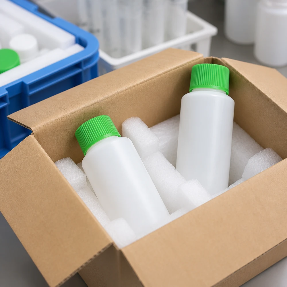 Dwie białe butelki apteczne z HDPE o pojemności 30 ml z zielonym zakrętkiem, zapakowane w opakowanie z pianki