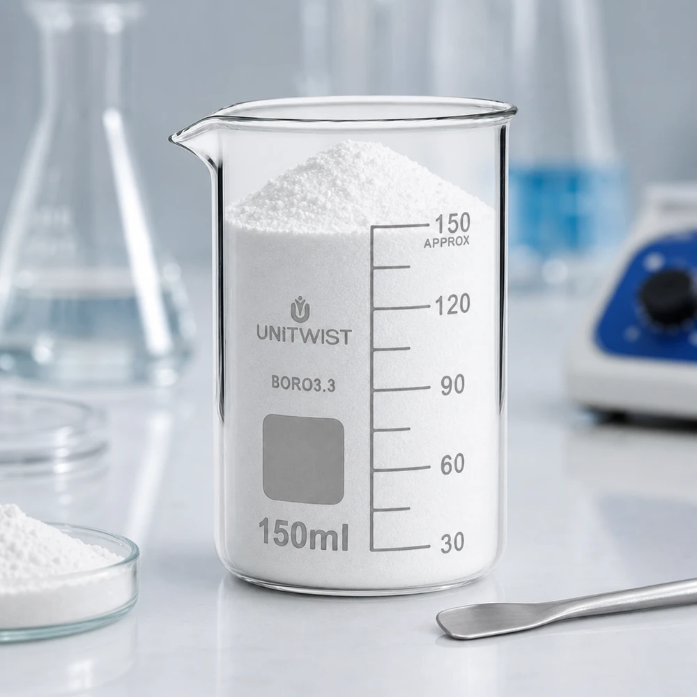 Zlewka 150 ml borokrzemianowa, wysoka UNITWIST Szklanka UNITWIST o pojemności 150 ml, wysoka, z borokrzemianu, wypełniona białym proszkiem, stojąca na stole laboratoryjnym