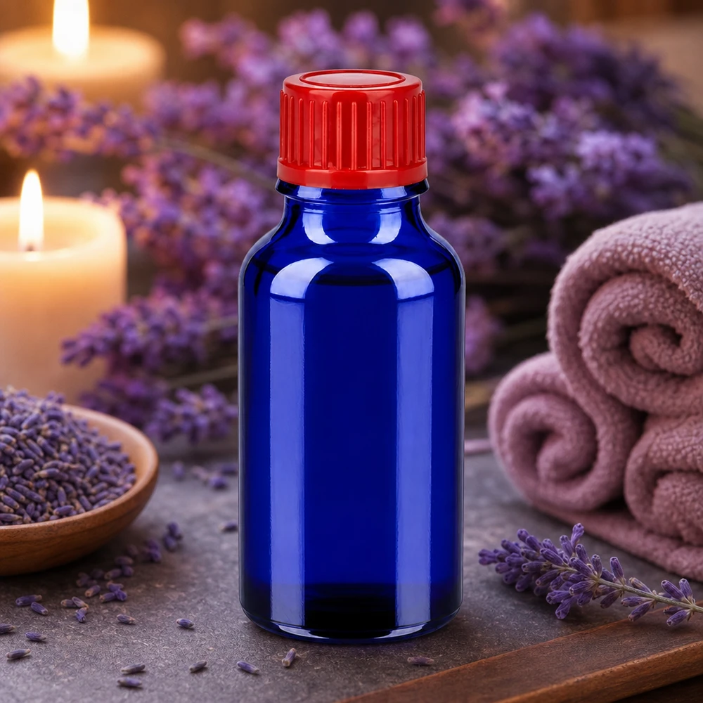 Butelka 20 ml 11 mm SV czerwony STD BlueLine UT18/20 Mała niebieska butelka aptekarska 20 ml z czerwonym zakraplaczem do olejków eterycznych i aromaterapii
