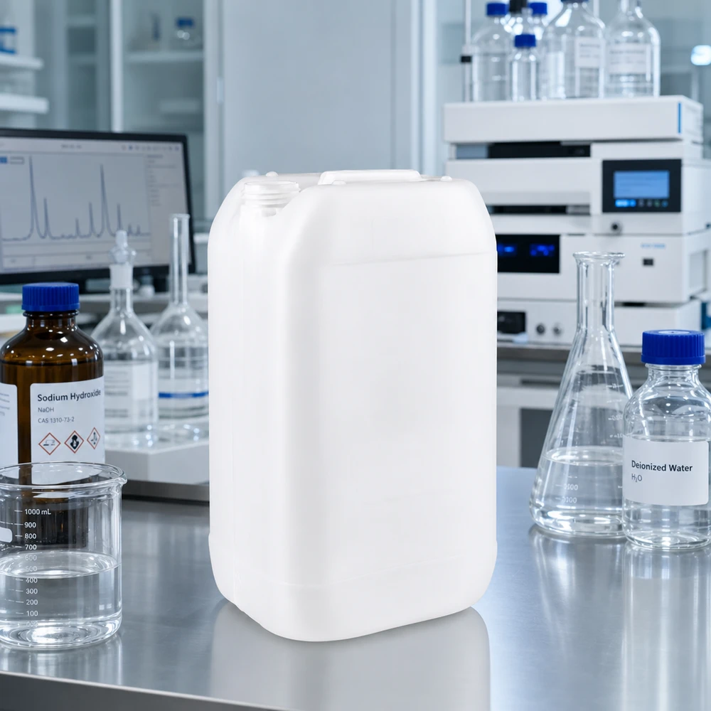Kanister 15 litrów bez pokrywy Pusty, biały kanister o pojemności 15 litrów bez zamknięcia na blacie ze stali nierdzewnej w laboratorium chemicznym