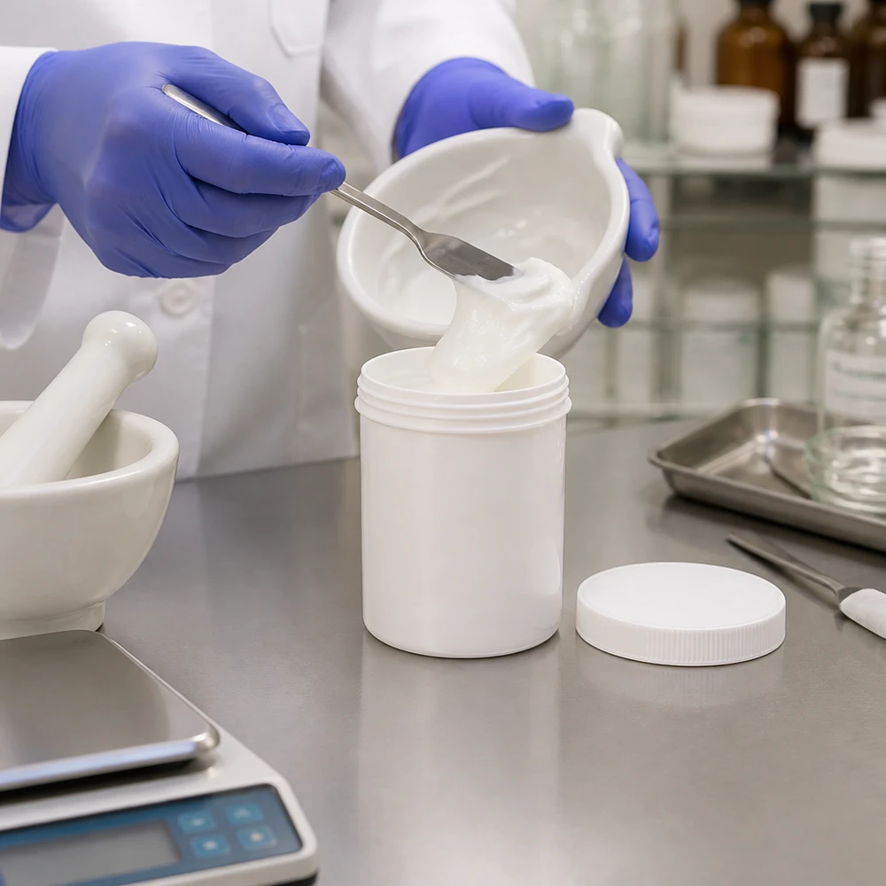 Farmaceuta napełnia biały słoik na maść o pojemności 75 g, wykonany z PP, za pomocą metalowej łopatki w laboratorium farmaceutycznym