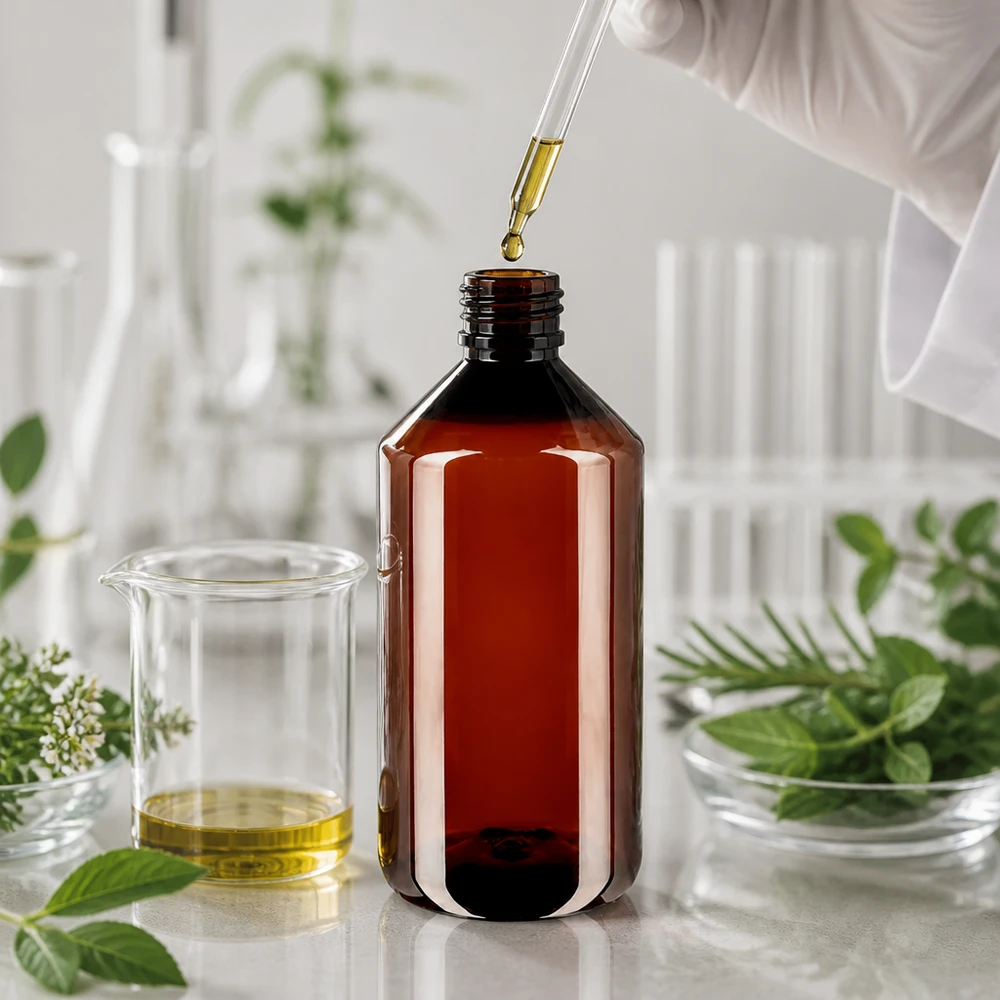 Brązowa butelka PET o pojemności 750 ml z zamknięciem zabezpieczającym przed otwarciem, przeznaczona do olejków eterycznych i ekstraktów naturalnych