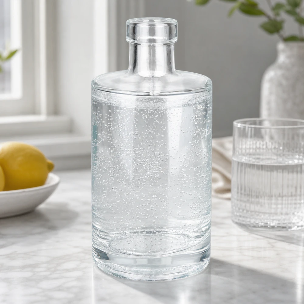 Szklana butelka 350 ml Marie bez zamknięcia UNiTWIST® 350ml Glasflasche Marie mit Sprudelwasser gefüllt neben Zitrone und Glas stilvolle Tischszene Bild 9 von 10