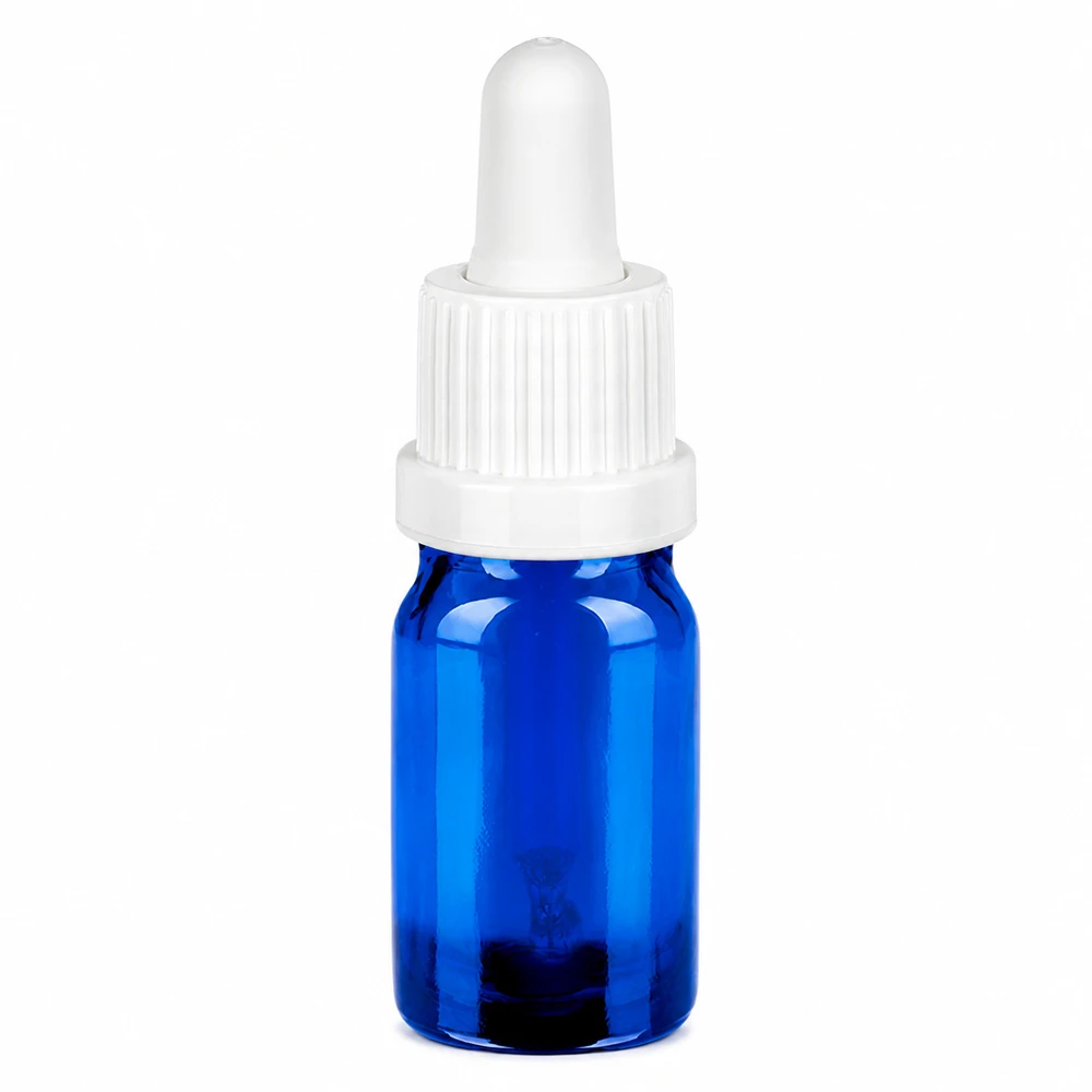 Butelka do leków płynnych 5 ml pipetowa biała OV BlueLine UT18/5 Butelka z pipetą o pojemności 5 ml wykonana z niebieskiego szkła z białą zakrętką i pipetą do precyzyjnego dozowania