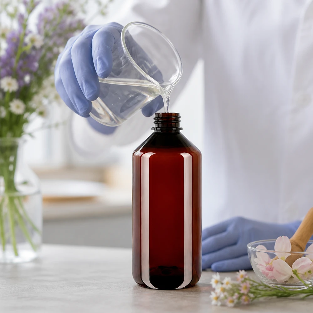 Butelka PET 1000 ml z białym standardem OV Brązowa butelka PET o pojemności 1000 ml z białą etykietą, napełniana płynem przez pracownika laboratorium
