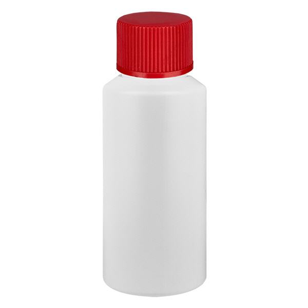 Butelka apteczna HDPE 30ml biała, z czerwonym SV Butelka apteczna HDPE 30ml biała, z czerwonym SV