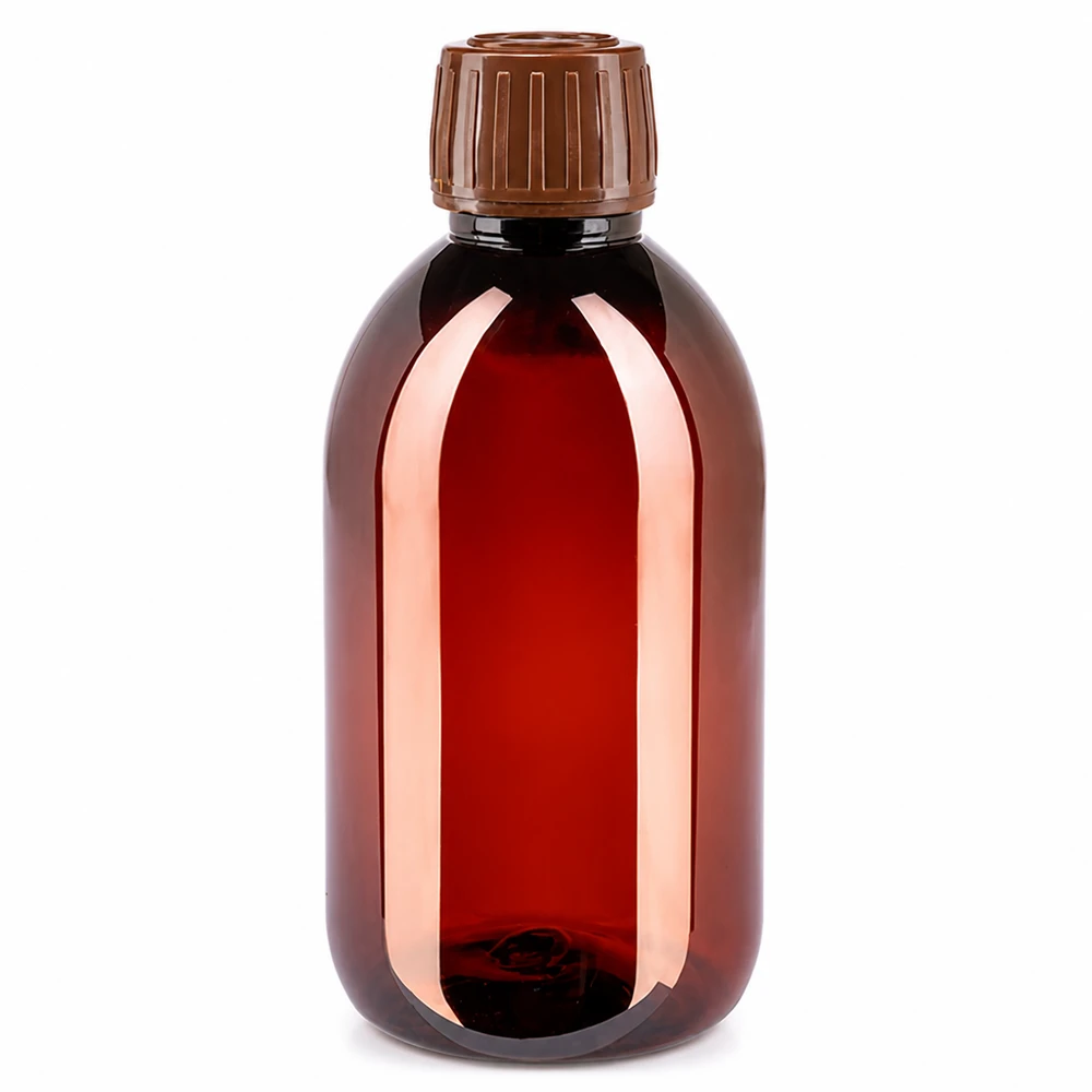 Braune 250ml PET Rundflasche mit Originalitätsverschluss ideal für Sirup und Lösungen