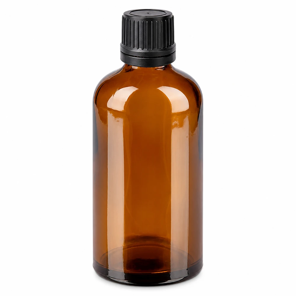 100 ml butelka z zakraplaczem 1 mm czarna OV BrownLine UT18/100 Butelka z zakraplaczem z brązowego szkła o pojemności 100 ml z czarną zakrętką do olejków eterycznych i nalewek