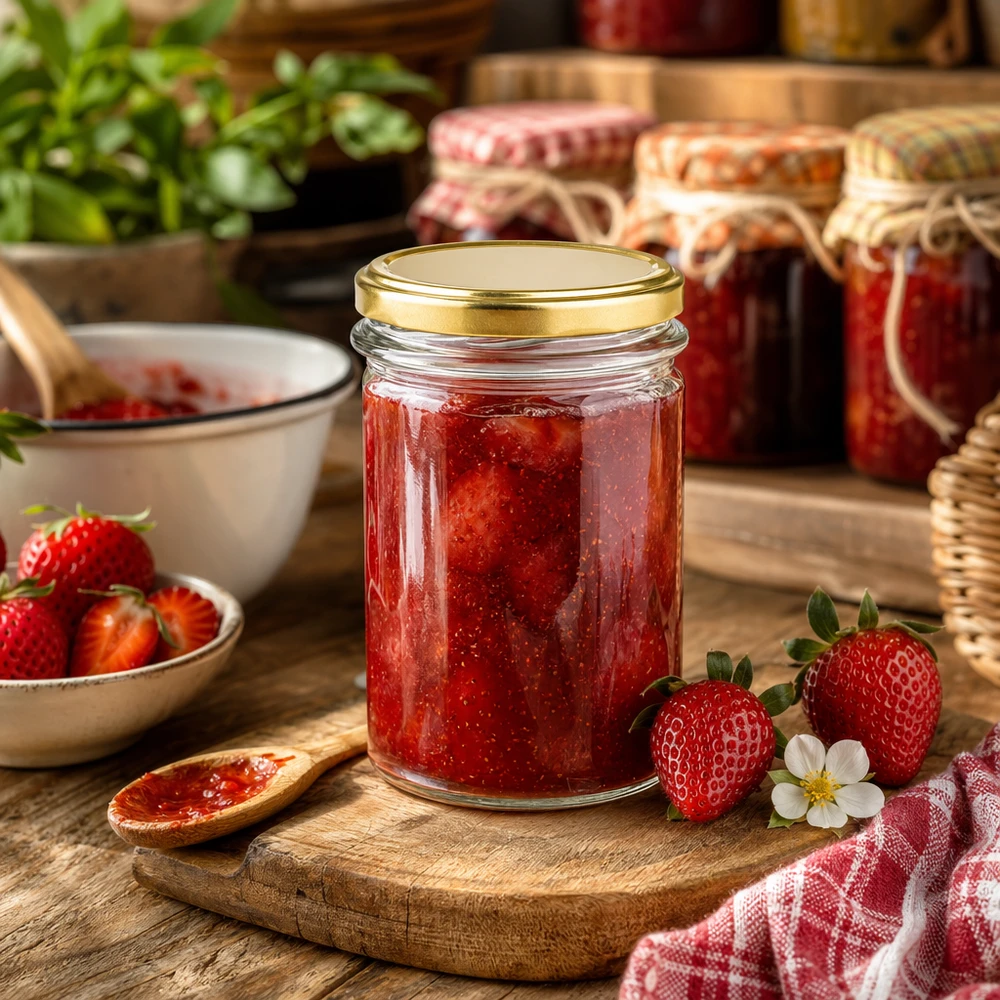 230 ml słoik ze złotą pokrywką BasicSeal UNiTWIST wypełniony dżemem truskawkowym obok świeżych truskawek