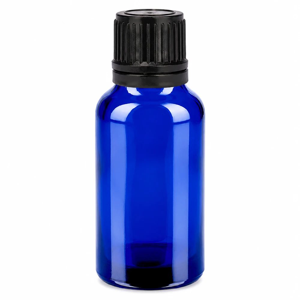 Butelka 20 ml 11 mm SV czarna OV BlueLine UT18/20 Niebieska szklana butelka 20 ml z czarną zakrętką do olejków eterycznych i aromaterapii