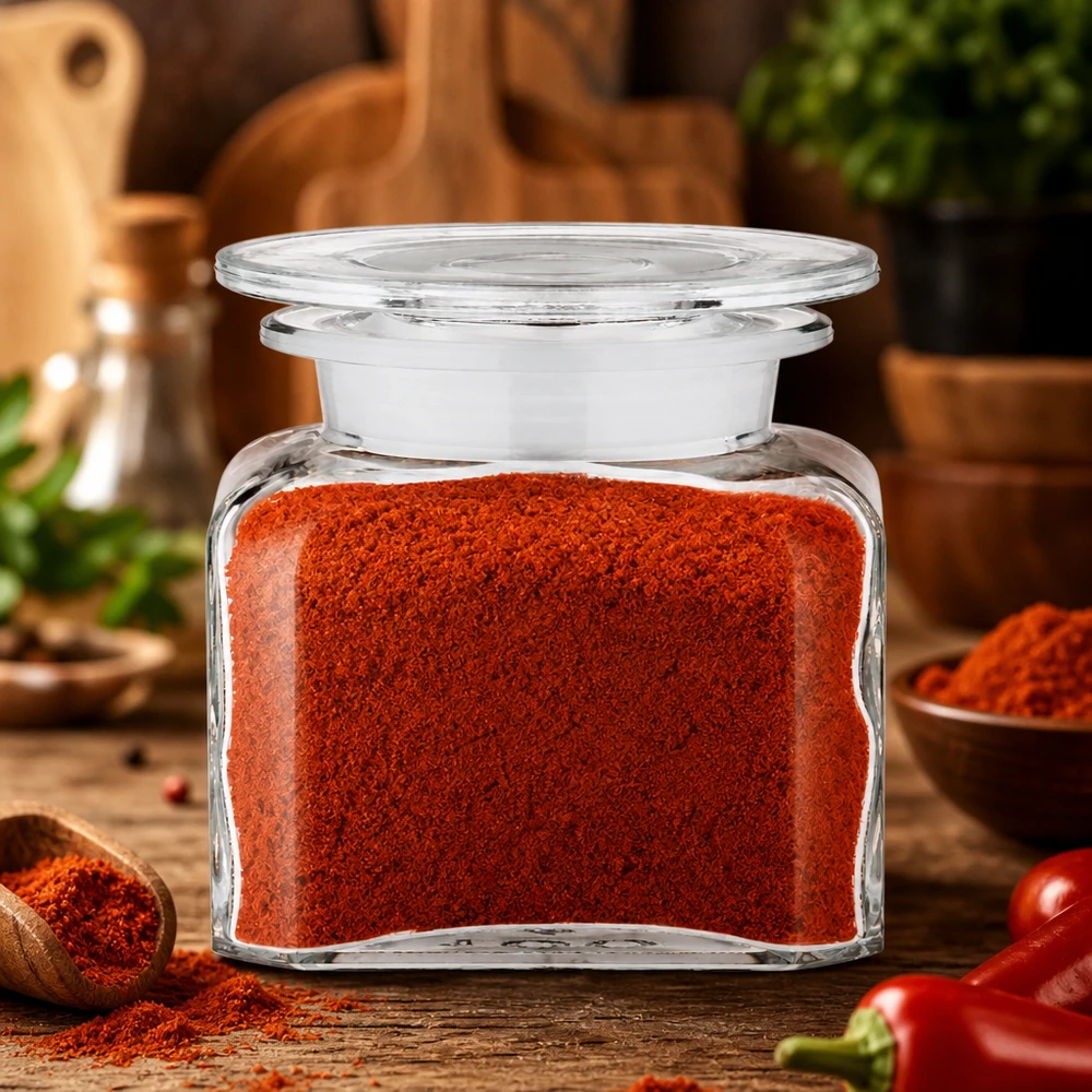 Pomysł na słoik na przyprawy: kwadratowa butelka aptekarska 100 ml z szeroką szyjką Kwadratowa butelka apteczna o pojemności 100 ml, wypełniona czerwoną papryką w proszku, stojąca na rustykalnym drewnianym stole