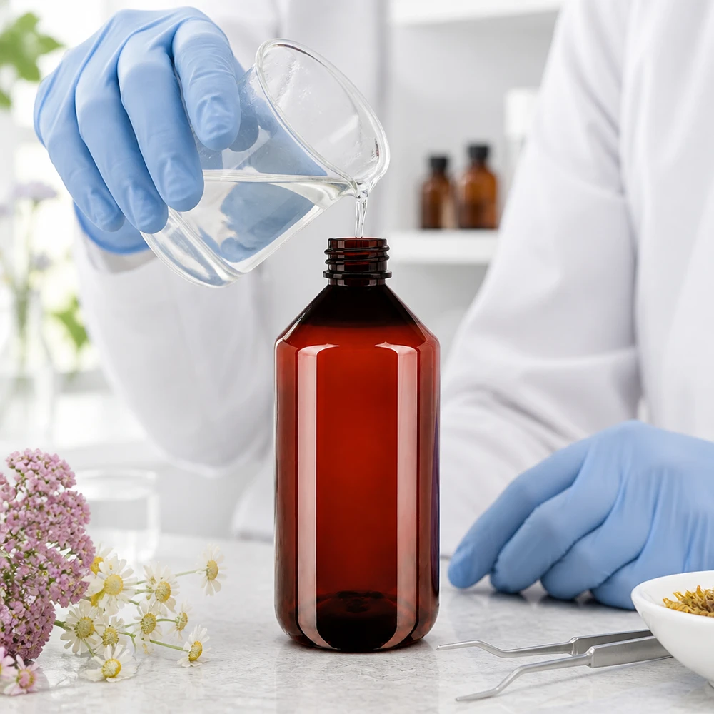 Butelka PET 750 ml z zieloną nakrętką OV Przezroczysty płyn jest rozlewany do brązowej butelki PET o pojemności 750 ml z zakrętką