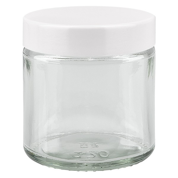 Przezroczysty szklany słoik 120 ml z białą bakelitową pokrywką ApoGlas. Farmaceutyczna jakość produkcji UE. Bezpieczny dla żywności. Elegancka prezentacja zawartości. Przezroczysty szklany słoik 120 ml z białą bakelitową pokrywką ApoGlas. Farmaceutyczna jakość produkcji UE. Bezpieczny dla żywności. Elegancka prezentacja zawartości.