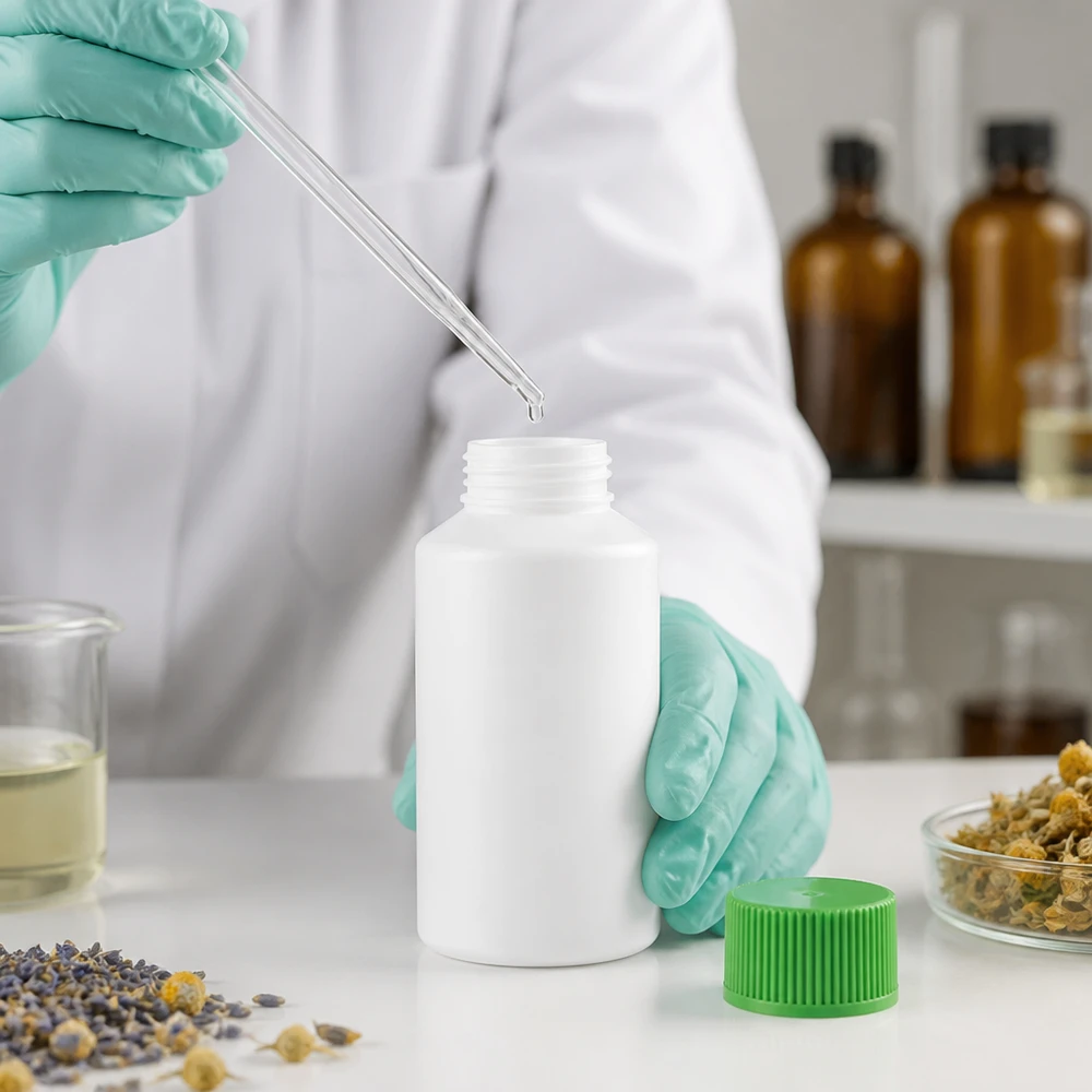 Butelka apteczna HDPE 50ml biała, z zielonym SV Biała butelka apteczna z HDPE o pojemności 50 ml z zieloną zakrętką w laboratorium