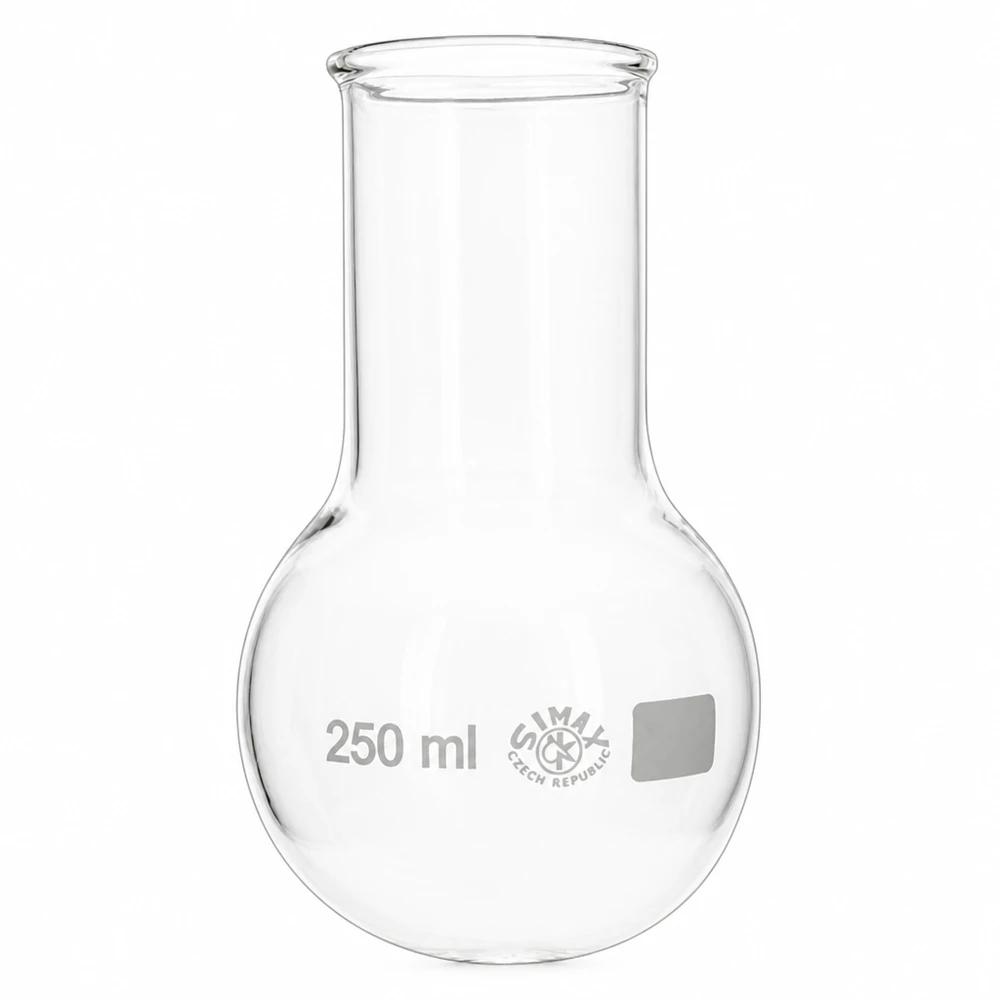 Kolba okrągłodenna z szeroką szyjką 250 ml Kolba okrągłodenna o pojemności 250 ml z szeroką szyjką, wykonana ze szkła borokrzemowego, przeznaczona do badań laboratoryjnych i eksperymentów chemicznych.