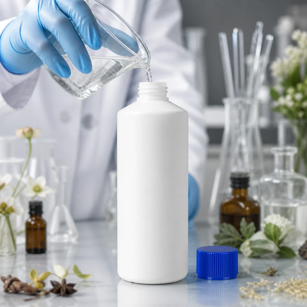 Cylindryczna butelka z HDPE o pojemności 100 ml, biała z niebieską zakrętką, pomiędzy sprzętem laboratoryjnym a roślinami