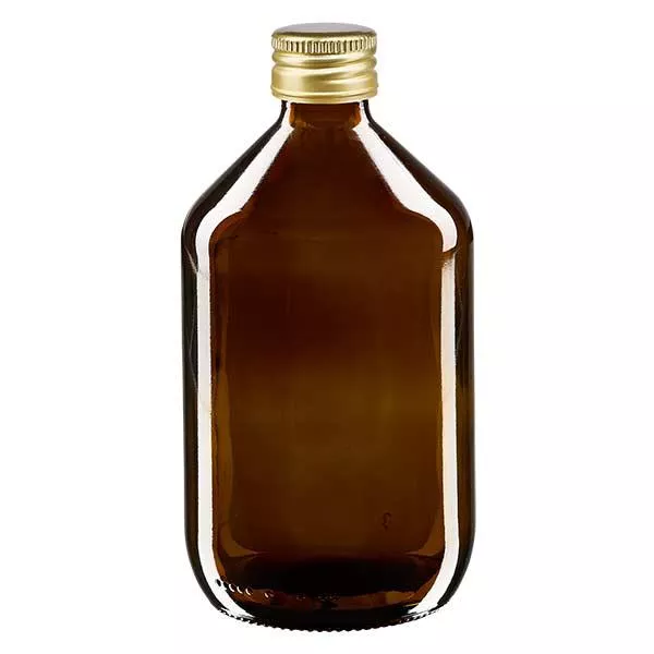 Butelka na lek 500 ml, brązowa, ze złotą aluminiową zakrętką ApoGlas. Farmaceutyczna jakość produkcji UE. Gwint 28 mm (PP28). (syrop, butelka z lekkiego szkła) Butelka na lek 500 ml, brązowa, ze złotą aluminiową zakrętką ApoGlas. Farmaceutyczna jakość produkcji UE. Gwint 28 mm (PP28). (syrop, butelka z lekkiego szkła)