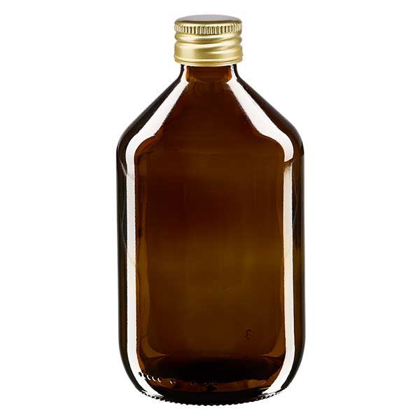 Butelka na lek 500 ml, brązowa, ze złotą aluminiową zakrętką ApoGlas. Farmaceutyczna jakość produkcji UE. Gwint 28 mm (PP28). (syrop, butelka z lekkiego szkła) Butelka na lek 500 ml, brązowa, ze złotą aluminiową zakrętką ApoGlas. Farmaceutyczna jakość produkcji UE. Gwint 28 mm (PP28). (syrop, butelka z lekkiego szkła)