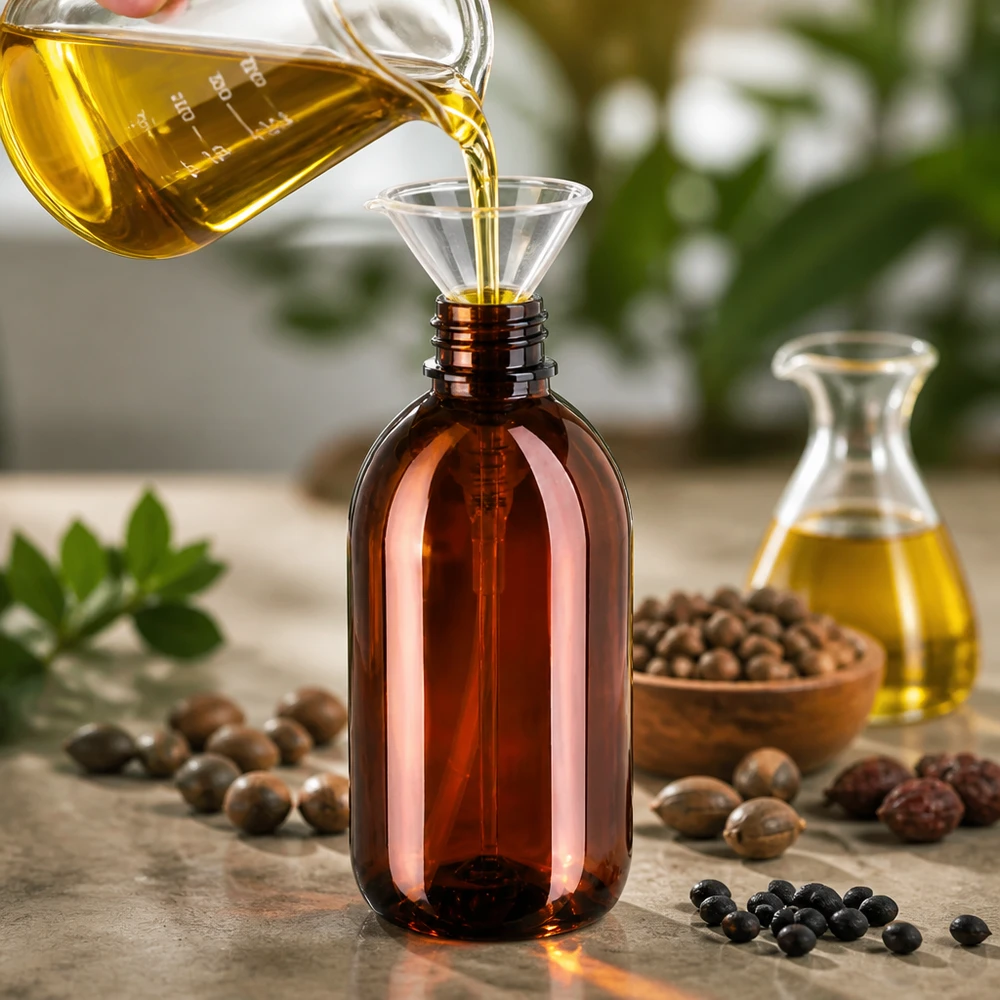 Butelka PET 250ml z pompką dozującą czarna Butelka PET o pojemności 250 ml w kolorze bursztynowym jest napełniana złotym olejem roślinnym za pomocą lejka