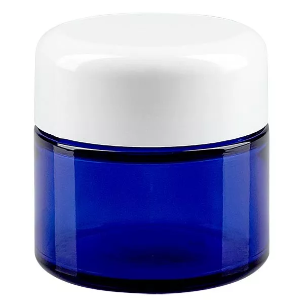 Szklany słoik 50 ml w kolorze błękitu królewskiego, z białą bakelitową pokrywką ApoGlas. Farmaceutyczna jakość produkcji UE. Bezpieczny dla żywności. Z ochroną UV. Szklany słoik 50 ml w kolorze błękitu królewskiego, z białą bakelitową pokrywką ApoGlas. Farmaceutyczna jakość produkcji UE. Bezpieczny dla żywności. Z ochroną UV.