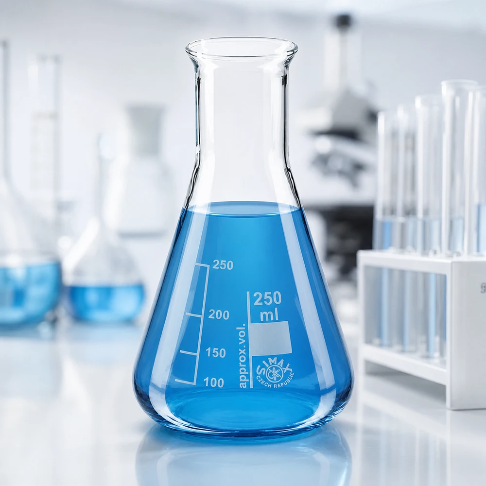 Kolba Erlenmeyera 250 ml z wąską szyjką Kolba miarowa Erlenmeyera 250 ml wykonana z żaroodpornego szkła z precyzyjnymi oznaczeniami mililitrowymi