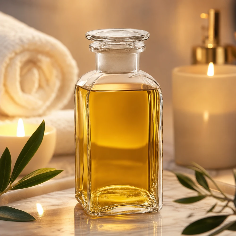Przezroczysta butelka o przekroju kwadratowym o pojemności 350 ml z szklanym korkiem, wypełniona złotym olejkiem w atmosferze spa