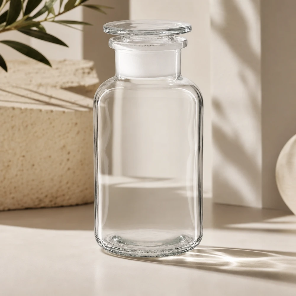 Butelka z szeroką szyjką z szkła borokrzemowego o pojemności 500 ml, z szlifowanym korkiem szklanym, umożliwiająca hermetyczne zamknięcie