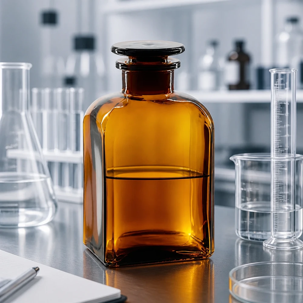 Kwadratowa butelka 500 ml z brązową szeroką szyjką i szklanym korkiem Brązowa, czworokątna butelka laboratoryjna o szerokiej szyjce, pojemność 500 ml, z szklanym korkiem, otoczona sprzętem laboratoryjnym