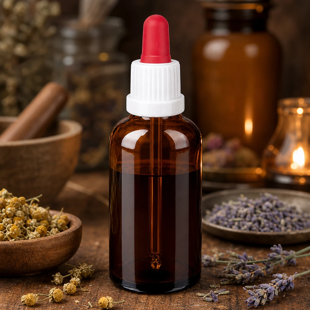50 ml butelka z pipetą, biała/czerwona OV BrownLine UT18/50 Profesjonalna butelka z pipetą 50 ml z serii BrownLine z ochroną UV do kosmetyków naturalnych i aromaterapii