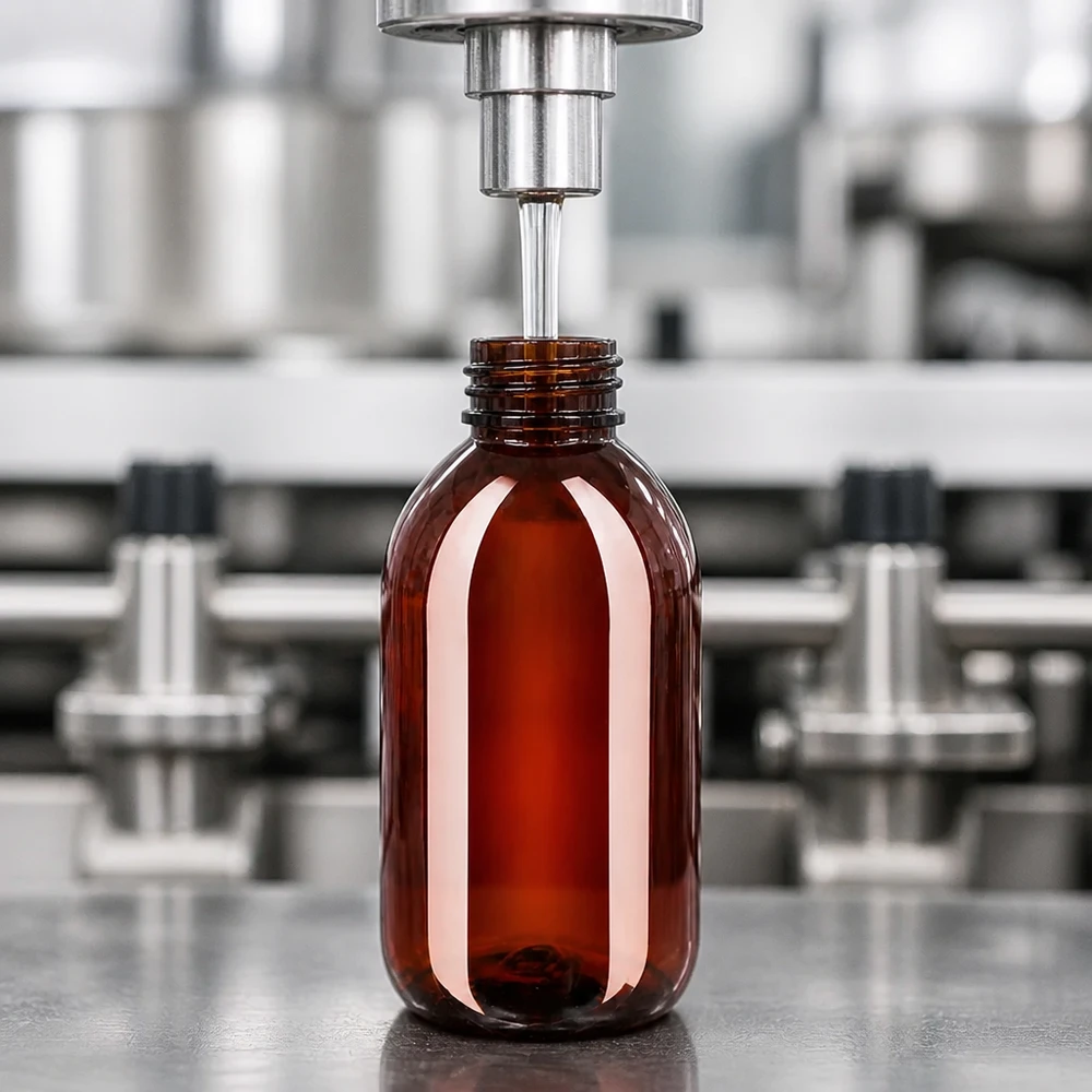 Brązowa butelka PET o pojemności 250 ml z białym, żłobkowanym etykietą zewnętrzną jest napełniana maszynowo