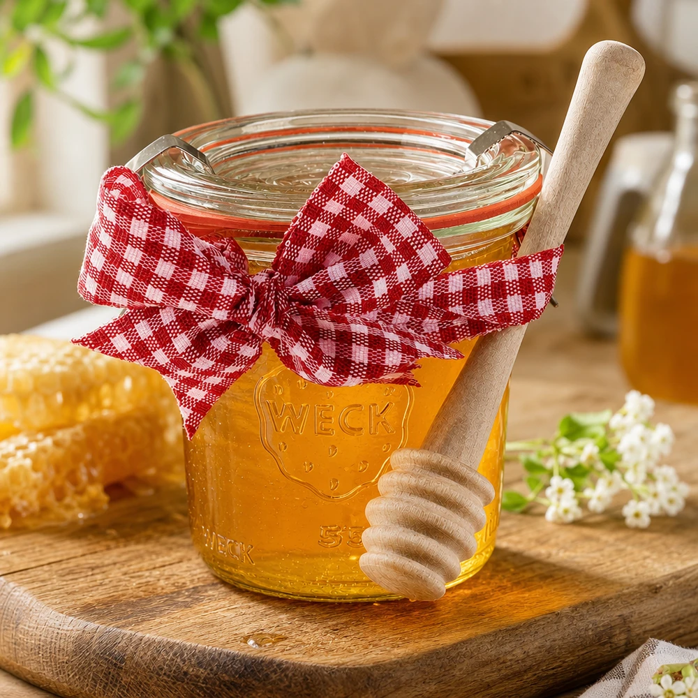 Mini słoik WECK 140 ml, kompletny z łyżeczką do miodu WECK mini słoik 140ml wypełniony miodem czerwona kratka Vichy kokardka drewniana łyżka do miodu plaster miodu styl country house