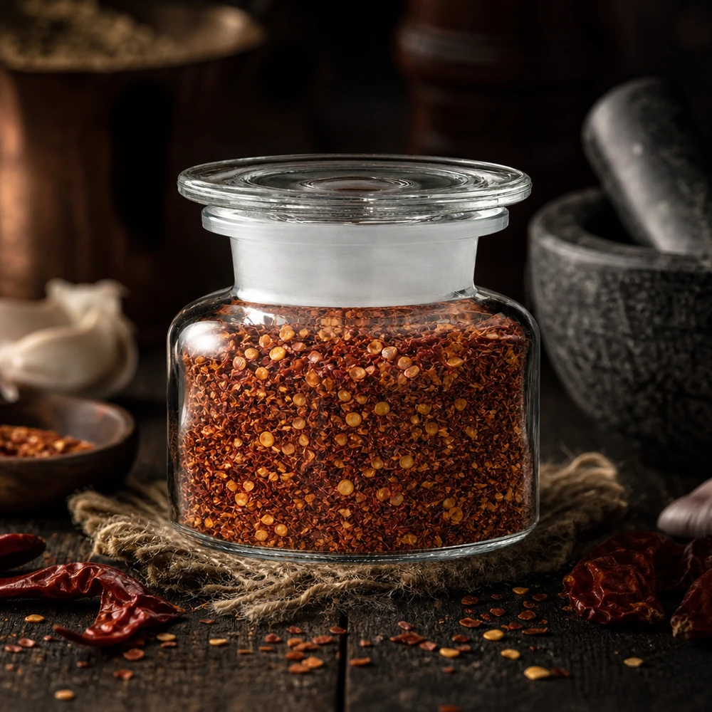 Butelka aptekarska o pojemności 100 ml z szeroką szyjką, wypełniona płatkami chili, obok moździerza i suszonych papryczek chili