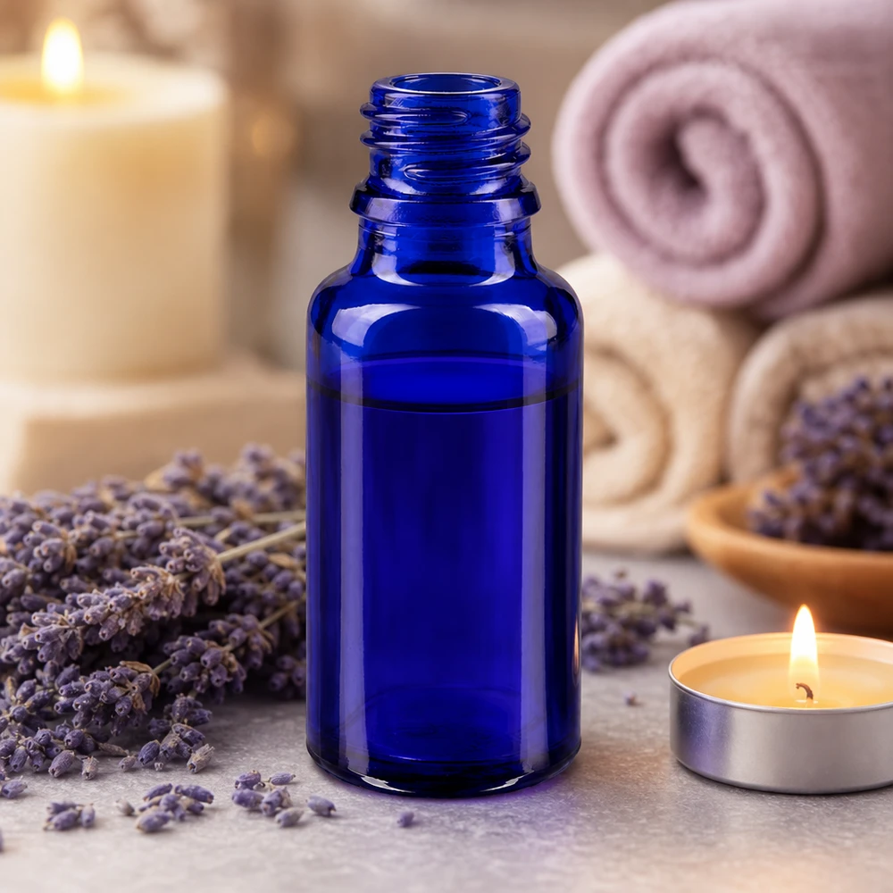 Butelka z zakraplaczem 20 ml DIN 18 NIEBIESKIE SZKŁO Niebieska szklana butelka 20 ml ApoGlas z gwintowaną szyjką do olejków eterycznych i aromaterapii