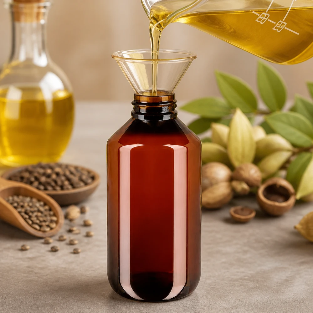 Butelkę PET o pojemności 200 ml w kolorze bursztynowym napełnia się złotym olejem za pomocą lejka