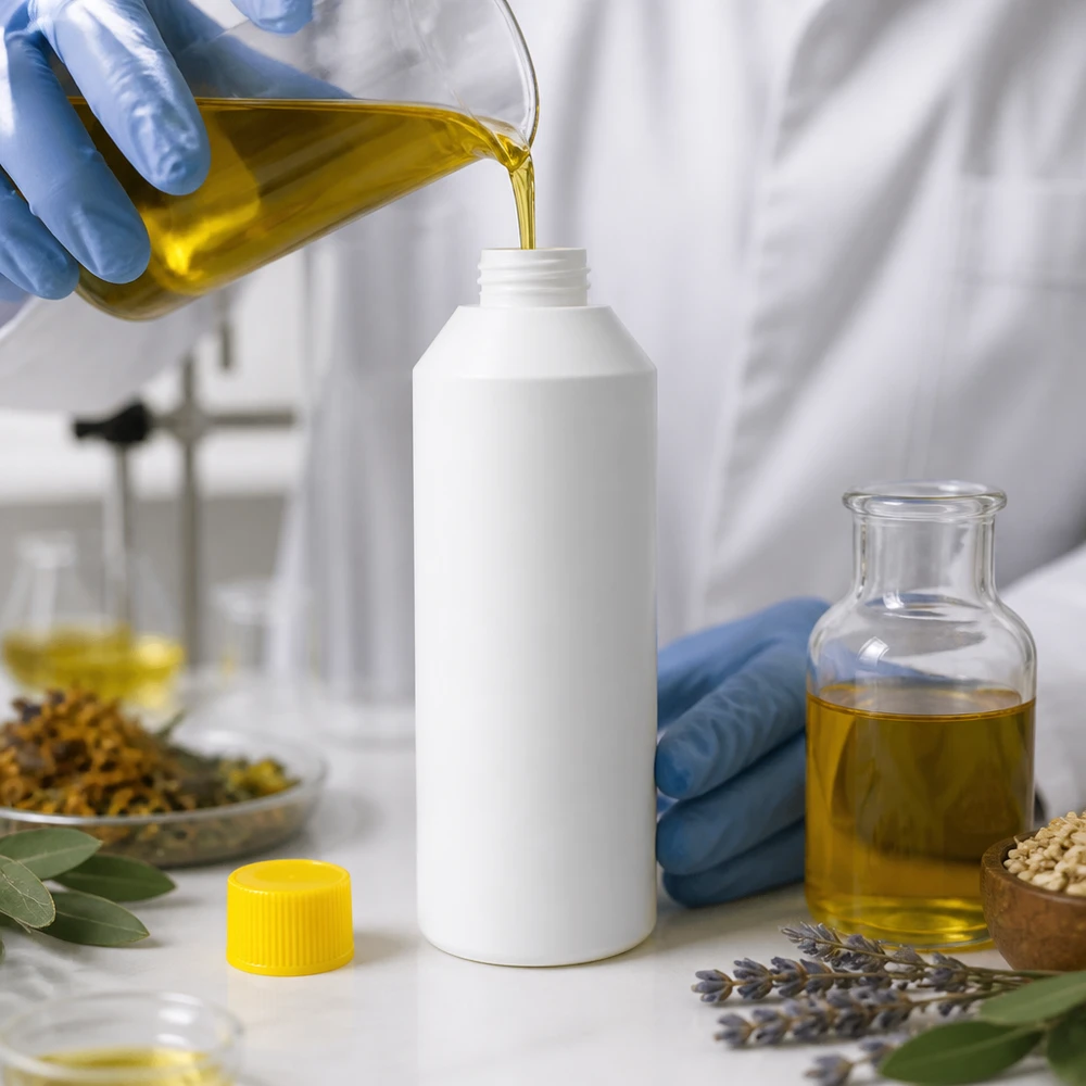 Cylindryczna, biała butelka z tworzywa sztucznego o pojemności 250 ml z żółtym zamknięciem, umieszczona wśród ziół i olejków