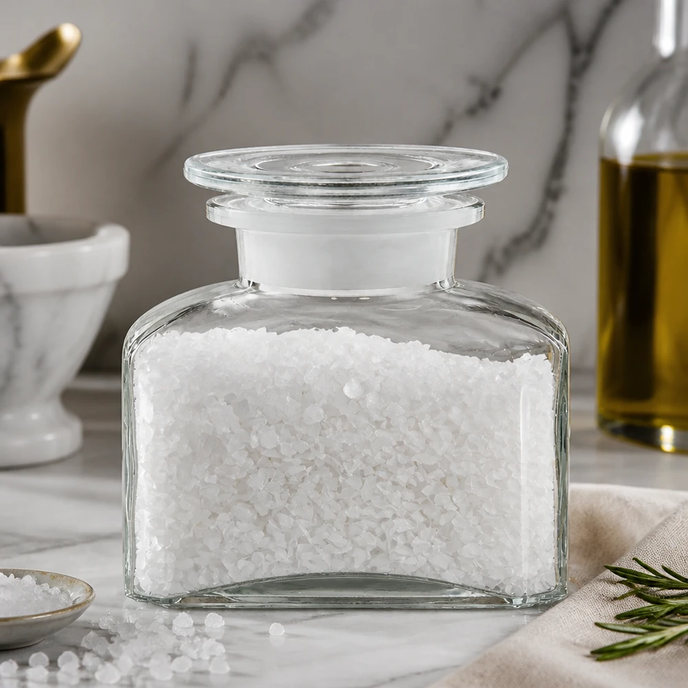Kwadratowa butelka apteczna o pojemności 150 ml z gruboziarnistą solą morską na marmurze z oliwą z oliwek i rozmarynem