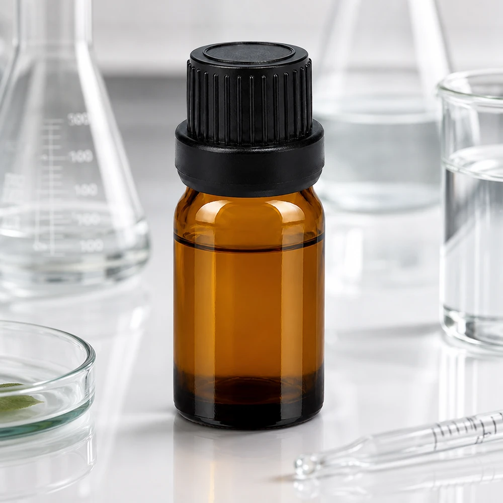 Butelka z zakraplaczem 5 ml 2 mm czarna OV BrownLine UT18/5 Profesjonalna butelka laboratoryjna o pojemności 5 ml wykonana z bursztynowego szkła z czarną zakrętką OV do zastosowań laboratoryjnych
