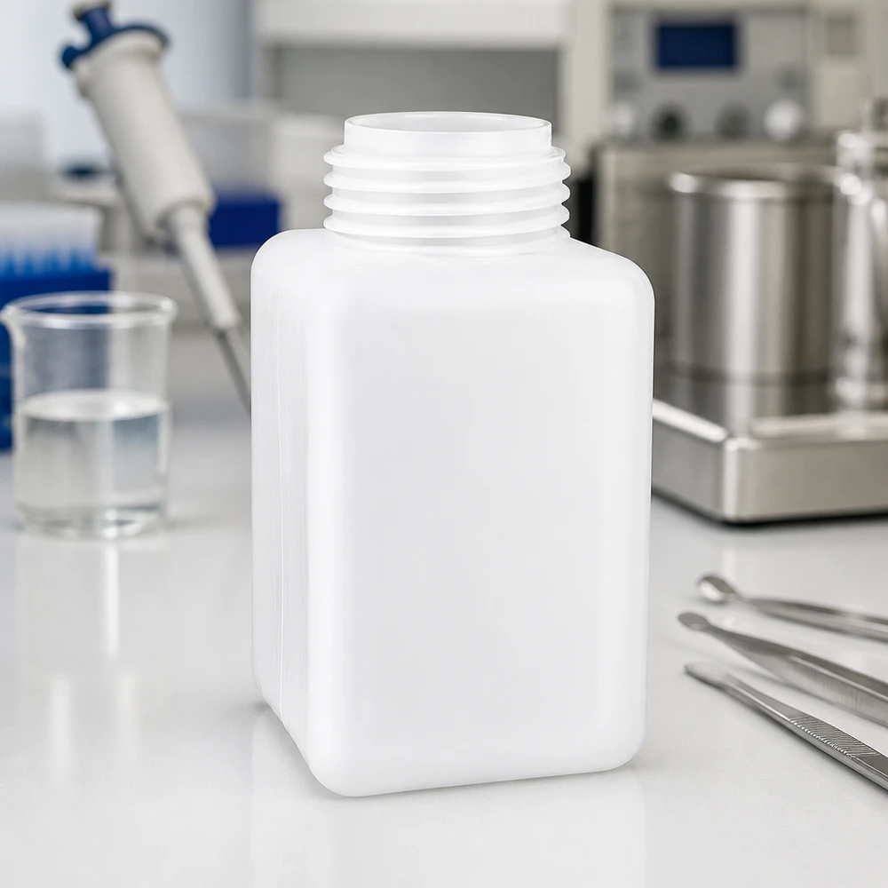 Butelka na chemikalia o pojemności 1000 ml, z polietylenu wysokogęstościowego (PE-HD), z szeroką szyjką, w kolorze naturalnym, w laboratorium wraz z pęsetą i zlewką